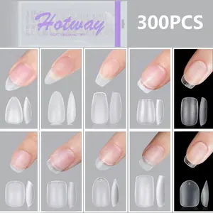 Hotway 300pcs Full Cover False Nails, Short, Medium, Long, Almond, Square, Oval, Coffin, Transparent Acrylic, 15 Sizes, DIY Nail Art, Clear Nail Tips