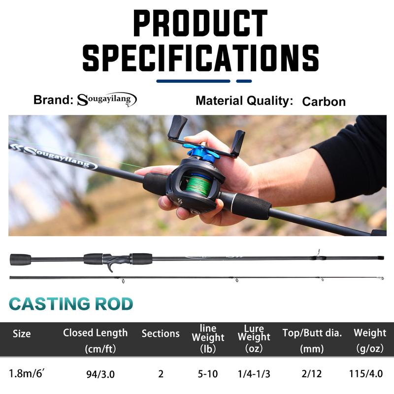 Sougayilang Fishing Gear Set, 6FT Casting Fishing Rod and 7.2:1 Gear Ratio with 4 Strands Braided Multicolour Fishing Line for Outdoor fishing supplies