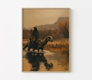 [Sale off up to 50%] [No frame, Free Ship] Vintage Dinosaur Cowboy Oil Painting Print | Western Jurassic Dinosaur Print | Gift for Him, Funny Print | VDC3