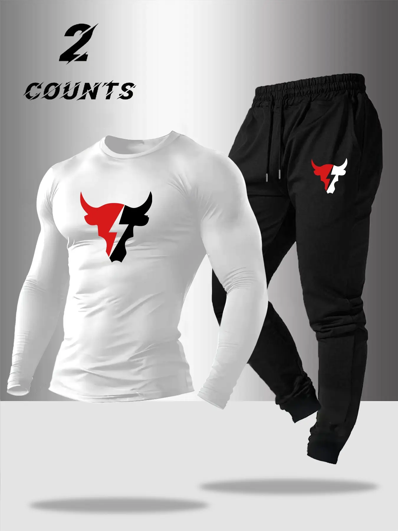 Men's Long Sleeve T-Shirt Pants Set, Autumn Winter 2-Piece Lightning Bull Print Round Neck Tee + Drawstring Outdoor Casual Joggers