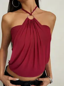 Burgundy Halter Neck Ring Detail Draped Top Womens Sleeveless Backless Sexy Halter Blouse Slim Fit Going Out Party Club Night Out Y2K Chic Summer Streetwear Cowl Style Top