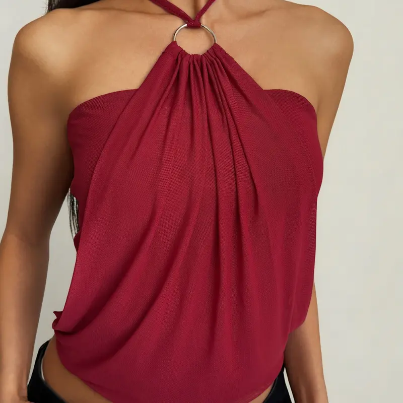 Burgundy Halter Neck Ring Detail Draped Top, Women's Sleeveless Backless Top, Cami Tank Top, Slim Fit Sexy Halter Blouse, Y2K Chic Summer Streetwear, Cowl Style, Suitable for Going Out, Party, Club and Night Out, Modern Tank Top