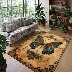 Vintage Butterfly & Floral Pattern Rug, 1 Count Non-slip Soft Floor Mat, Decorative Carpet for Home Living Room Bedroom Study Room