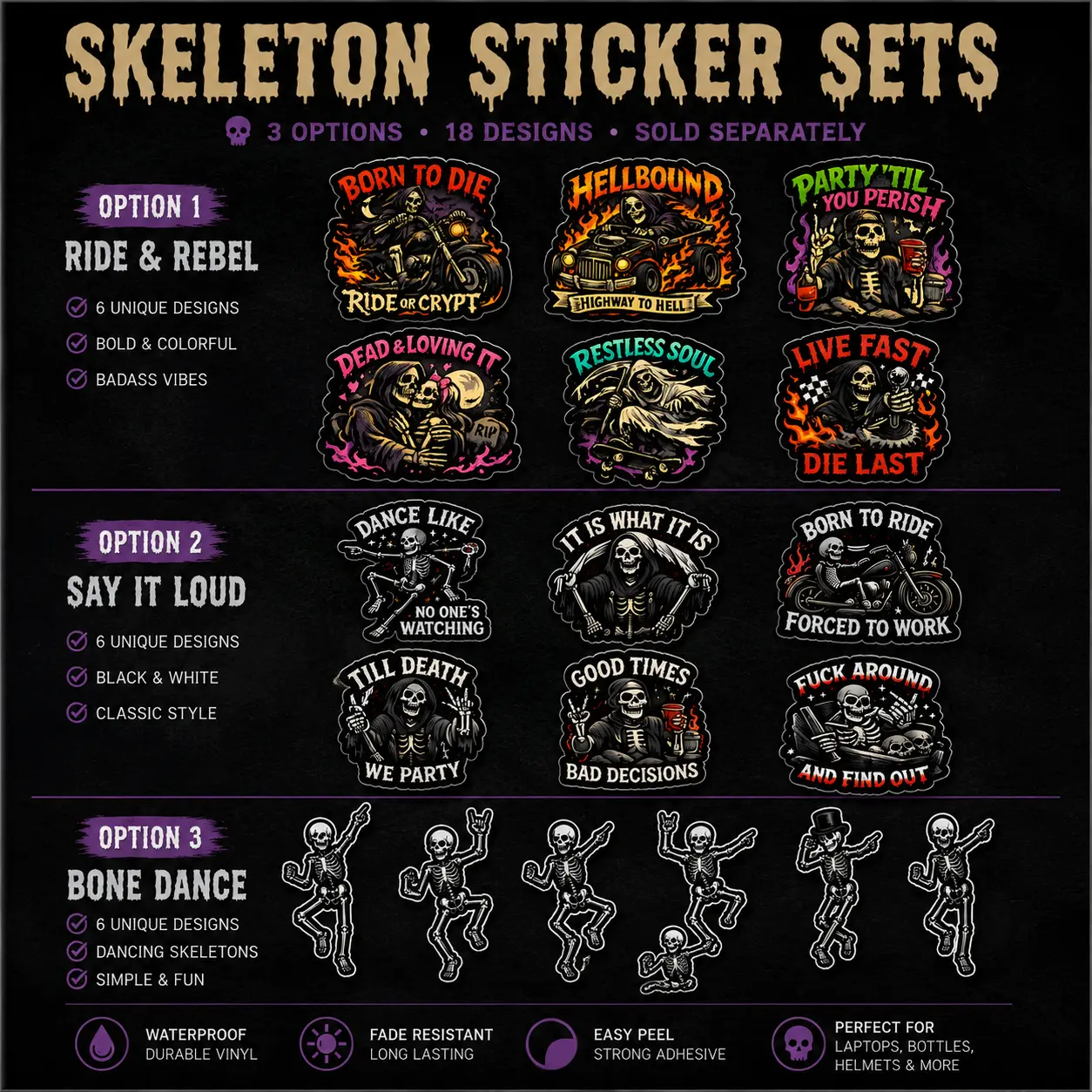 Skeleton Sticker Pack | Funny Gothic Vinyl Decals | Waterproof Laptop, Water Bottle & Car Stickers | Choose Your Design Set