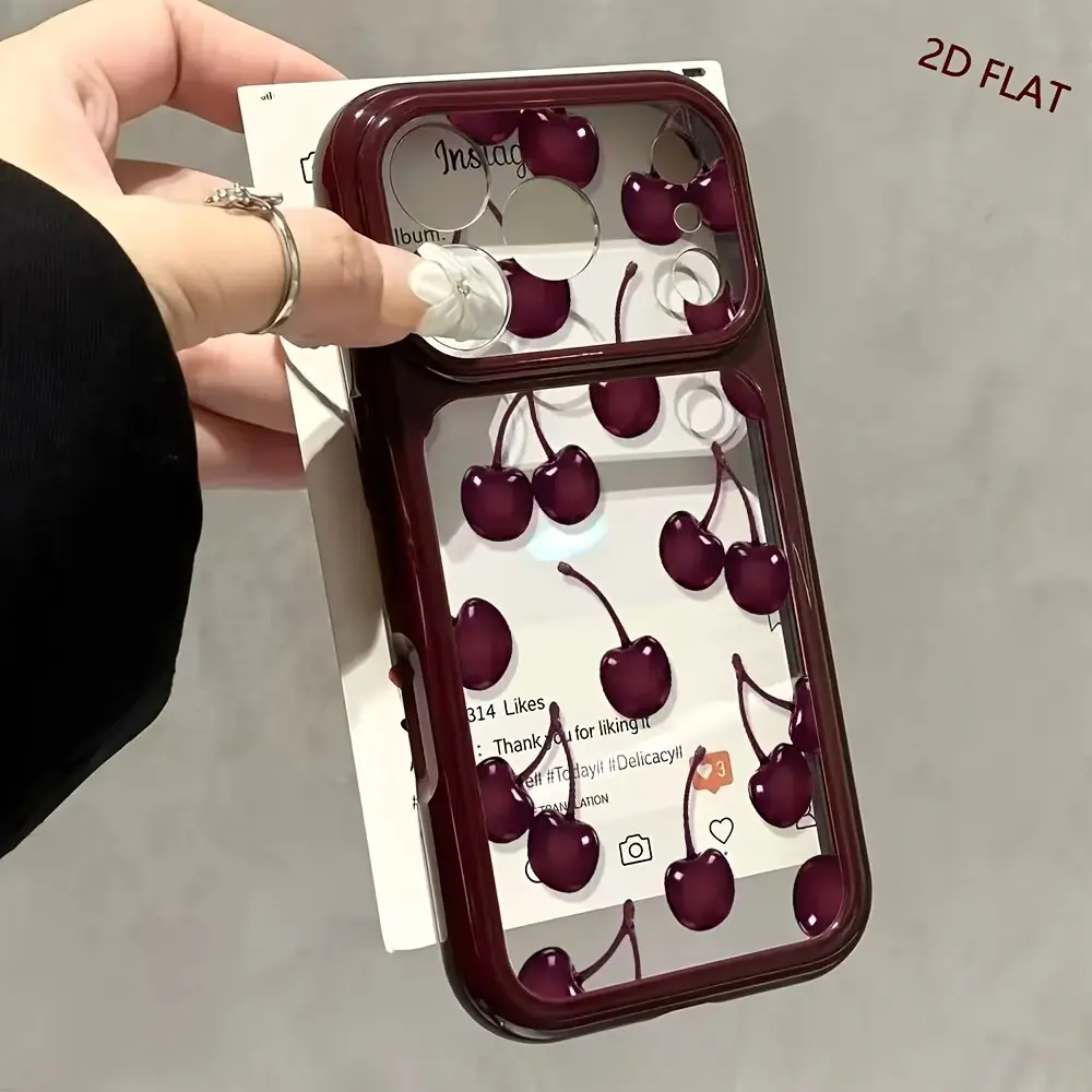 Colorblock Cherry Clear Phone Case for iPhone 18 17 16 15 14 13 12 11, Cute Burgundy Cherry Pattern, Contrast Camera Frame, Shockproof Protective Cover.985