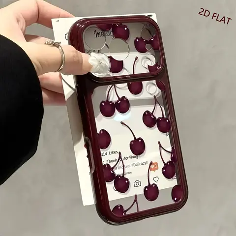 Colorblock Cherry Clear Phone Case for iPhone 18 17 16 15 14 13 12 11, Cute Burgundy Cherry Pattern, Contrast Camera Frame, Shockproof Protective Cover  ---985