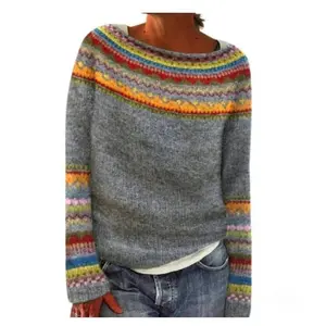 Women's Vintage Fair Isle Pattern Sweater Casual Loose Crewneck Long Sleeve Knitted Sweater Tops Womenswear Bohemian(gift)（gift）