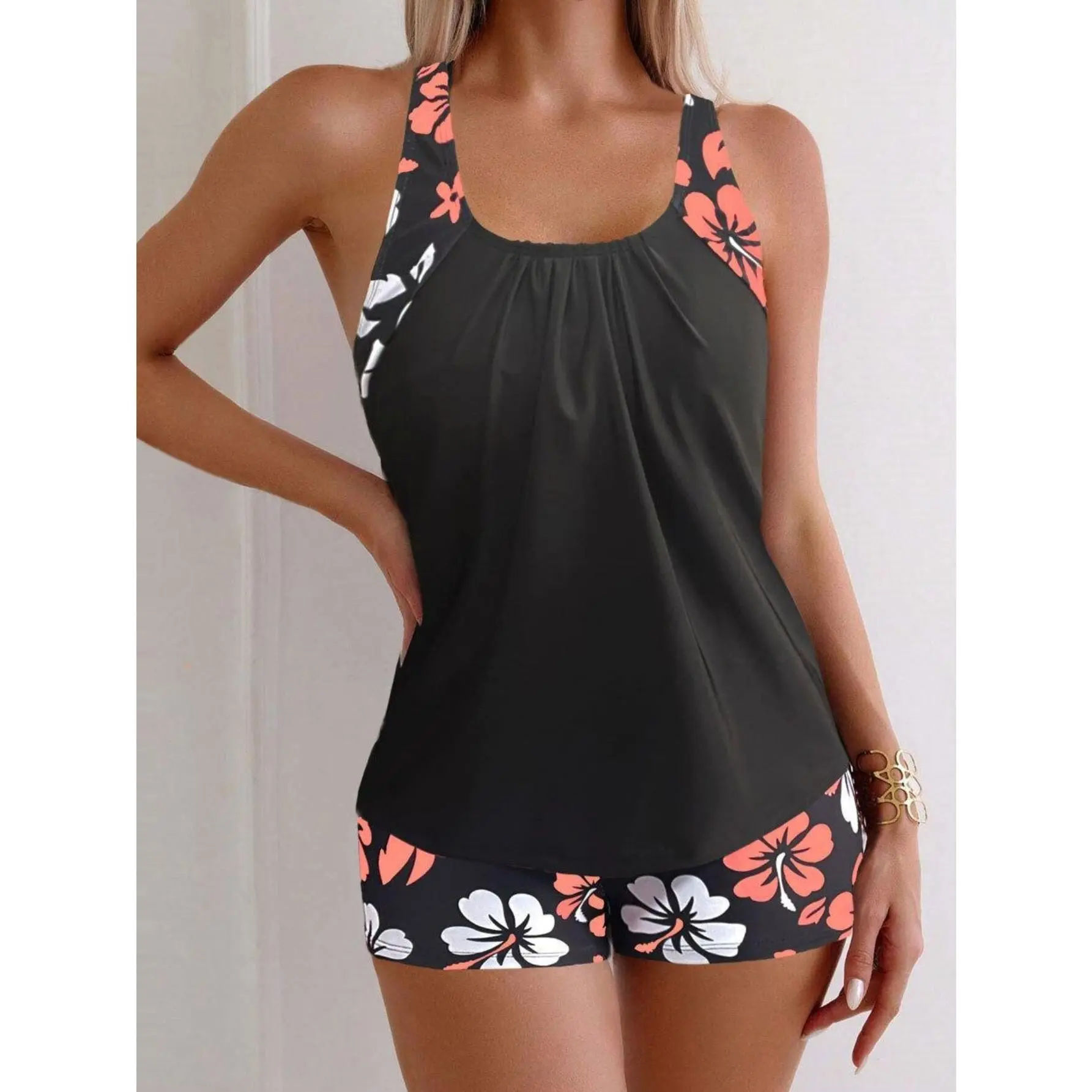 Women's Hibiscus Print Tankini Set, 2-Piece Swimsuit for Women with Black Racerback Top & Boy Shorts, Modest Tummy Control Bathing Suit, Tankini Outfit Swimsuit