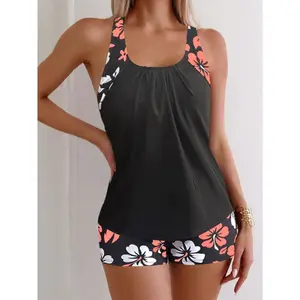 2026 Women's 2-Piece Tankini Set, Black Racerback Tank Top with Coral & White Hibiscus Print Straps, Matching Floral Print Boy Shorts, Modest Tummy Control Bathing Suit for Beach & Vacation