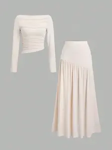 Two-piece women's peach-colored V-neck pleated long-sleeved A-line skirt with a relaxed style, exuding a slimming effect and being highly versatile, Fit, Womenswear
