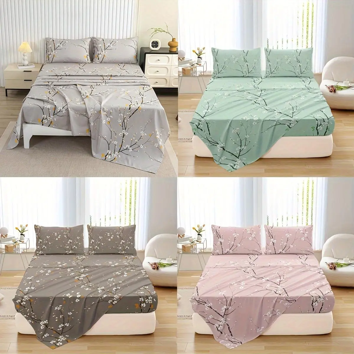 4pcs Multicolour Tree Branch Plum Blossom Sheet Protector Bed Sheet Pillowcase Four-piece Set (1 Bed Cap +1 Bed Sheet +2 Pillowcase Without Pillow Core), Deep Pocket In 15 Inch, Bedroom Dormitory High Definition Printing Room Decor