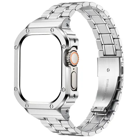 Suitisbest Rugged Integrated Metal Band & Case for Men, 316L Stainless Steel Adjustable Strap Compatible with Apple Watch Ultra 1–4, Series 4–12 & SE, 44mm–49mm