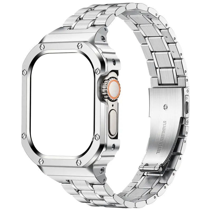 Suitisbest Rugged Integrated Metal Band & Case for Men, 316L Stainless Steel Adjustable Strap Compatible with Apple Watch Ultra 1–4, Series 4–12 & SE, 44mm–49mm