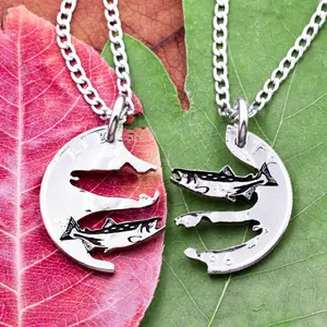 Interlocking Wide-Mouth Bass Fish Necklaces, Fishing Jewelry, Gifts for Him and Her, Engraved Hand Cut Coin