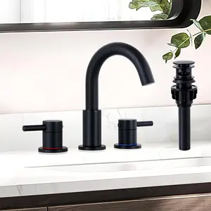 Bathroom Faucet 3 Hole, 8 Inch Widespread with Pop Up Drain, 360° Swivel Spout, 2 Handle Vanity Faucet & Water Supply Hoses