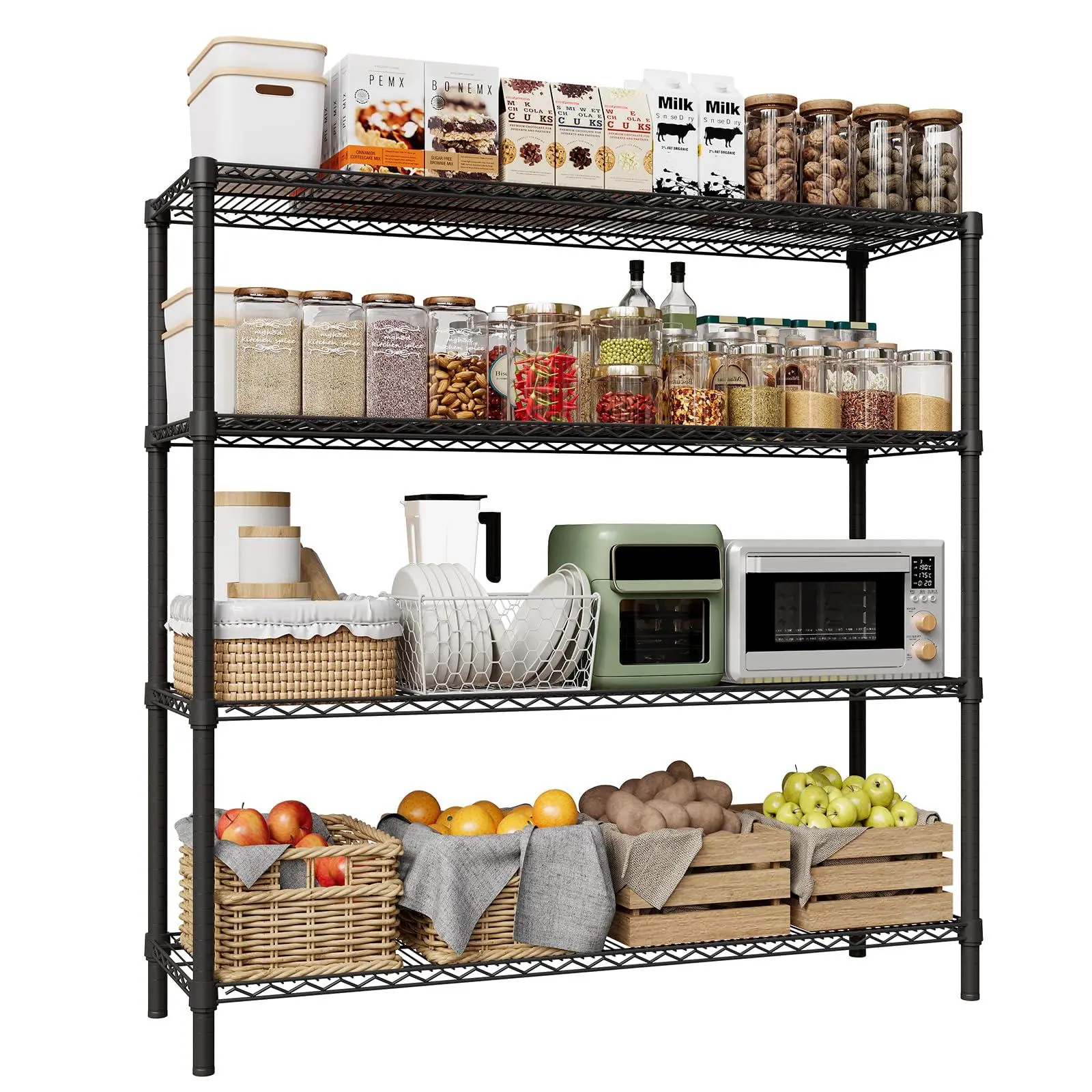 Metal Shelving 4-Tier Storage Shelves, 47.2''W Garage Wire Shelf | Wire Shelving Units Heavy Duty 2640LBS Loads, Adjustable Steel Shelf, Metal Rack for Kitchen Pantry Rooms Basement, Black