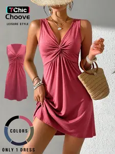 Women's Casual Chic Sleeveless Short Dress, Cross Neck, Twist Design, Ruched A-Line Hem, Slim Fit, Soft Lightweight Fabric, All Seasons Wear, Summer, Womenswear