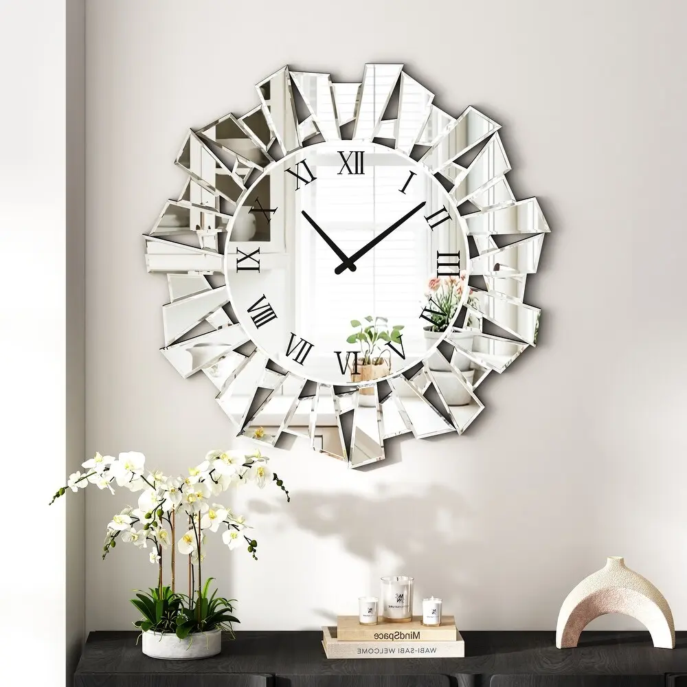 Modern Sunburst Wall Clock Mirrored Large Clock Modern Sunburst Wall Clock Mirrored Large Clock