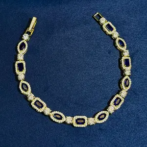 Elegant Gold-Toned Tennis Bracelet for Women Sapphire Style Cubic Zirconia Inlaid with Rectangular & Marquise Cuts Sparkling Statement Jewelry Perfect for Daily Wear Party Wedding & Anniversary Gift Choice