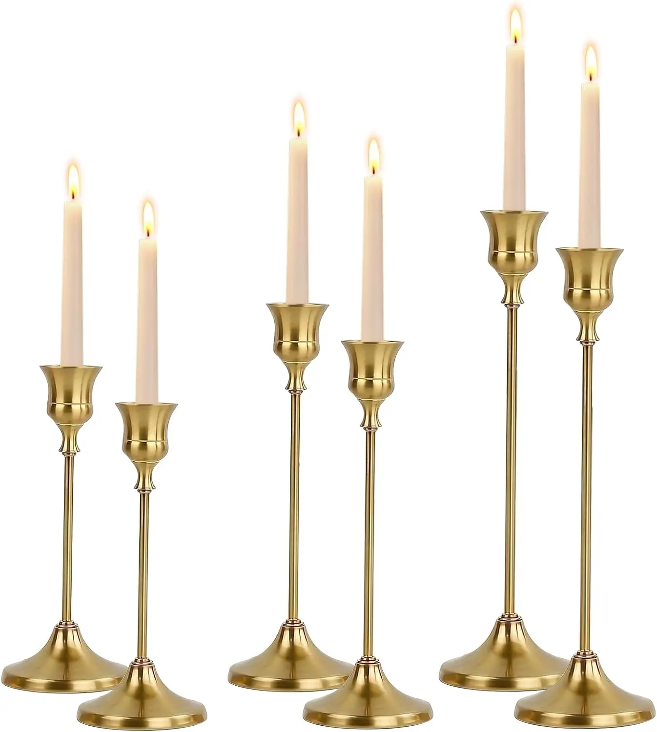 French Gold Taper Candle Holders 2 Sets(6 Pcs) - Tall Metal Candlestick Holders for Table Centerpiece, Formal Dinner, Wedding, Fireplace Mantel Decor, Fits 3/4 Inch Thick Candles