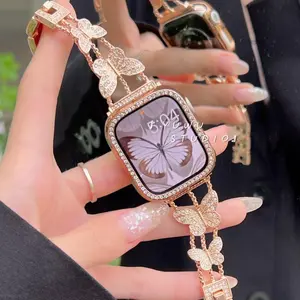 (Solo eslabón de reloj)Fine butterfly diamond studded metal bracelet for Apple Watch - Business & Dressy Strap Compatible Ultra 2/Ultra/Series 10-1/SE/SE2 (38-49mm) Women (Watch Not Included) Rose Gold Wearable