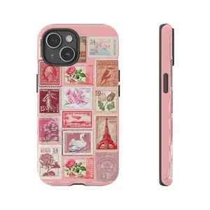 Aesthetic Vintage Stamp Collage Phone Case in Soft Pink Tones, suitable for Samsung Galaxy 23 24 25 5G iPhone 17 ProMax Air 16 plus cases  15 pro max 14, 13, 12 with screen protector |     Beautiful phone case |     Shockproof protective case |     Smart