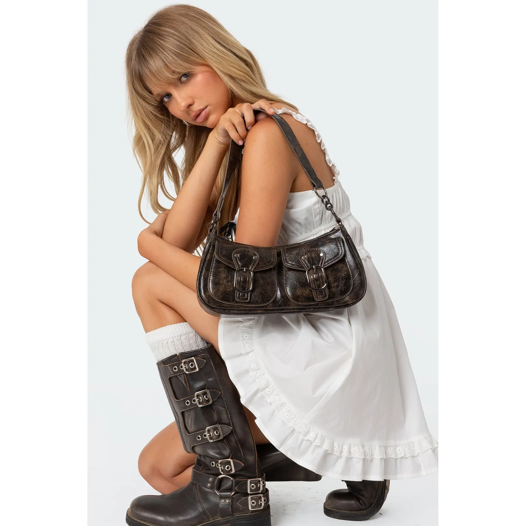 Distressed Faux Leather Buckle Bag