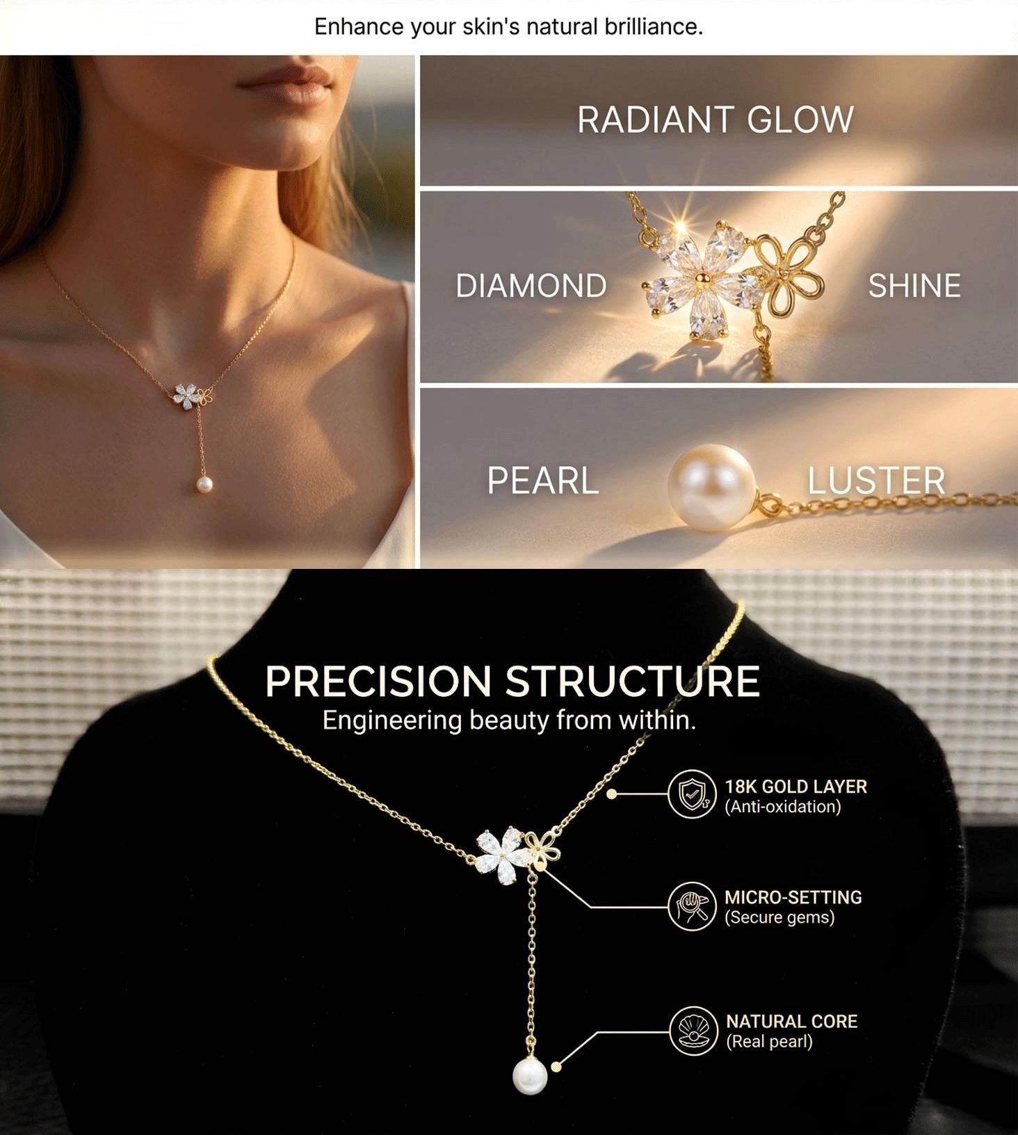 Gold Flower Pearl Zircon Lariat Necklace -  Summer Daily Wear Dainty Jewelry accessories