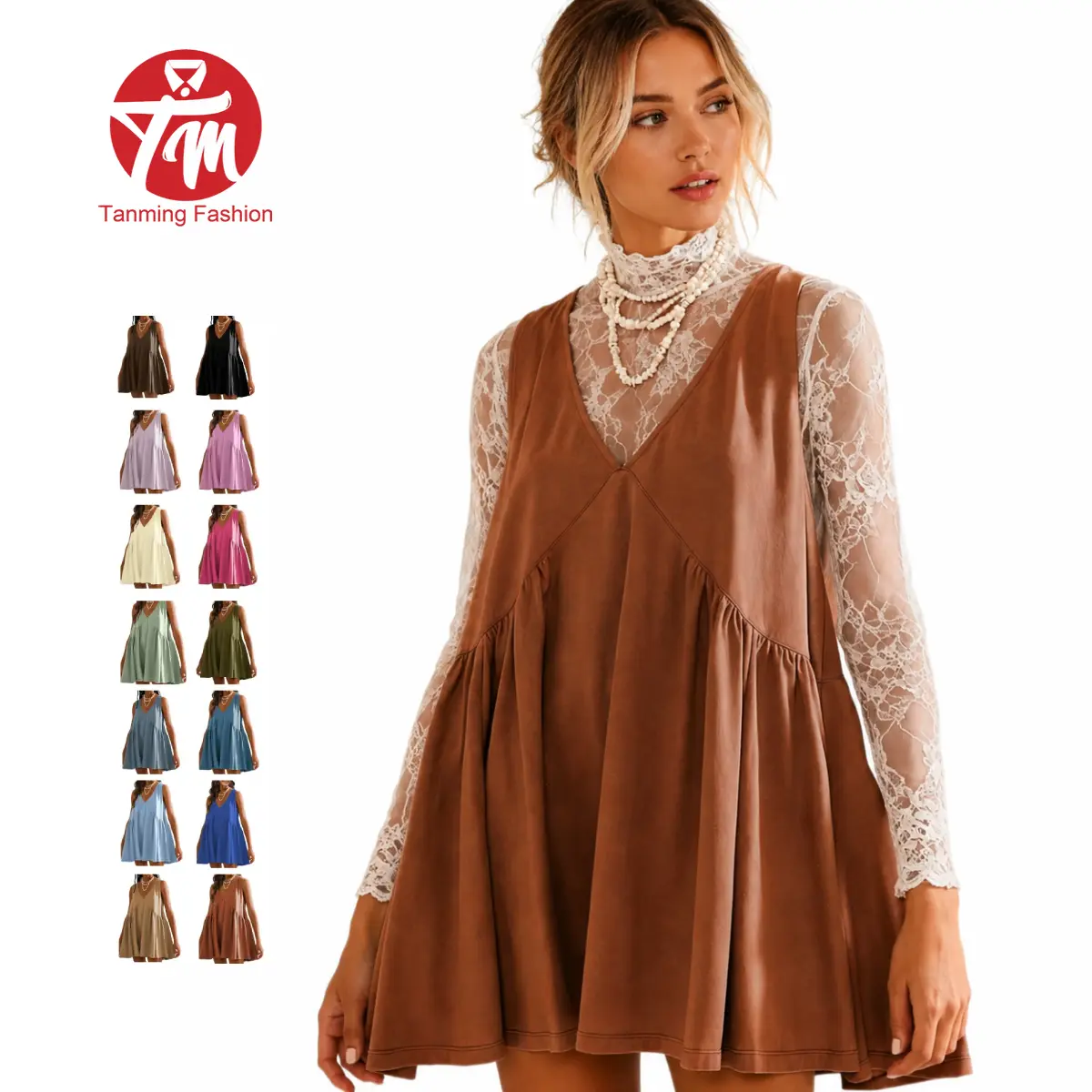 Tanming Women's V-Neck Sleeveless A-Line Mini Sundress - Casual Wear Basic Cute Trendy Clothes for Women, Flowy with 2 Side Pockets