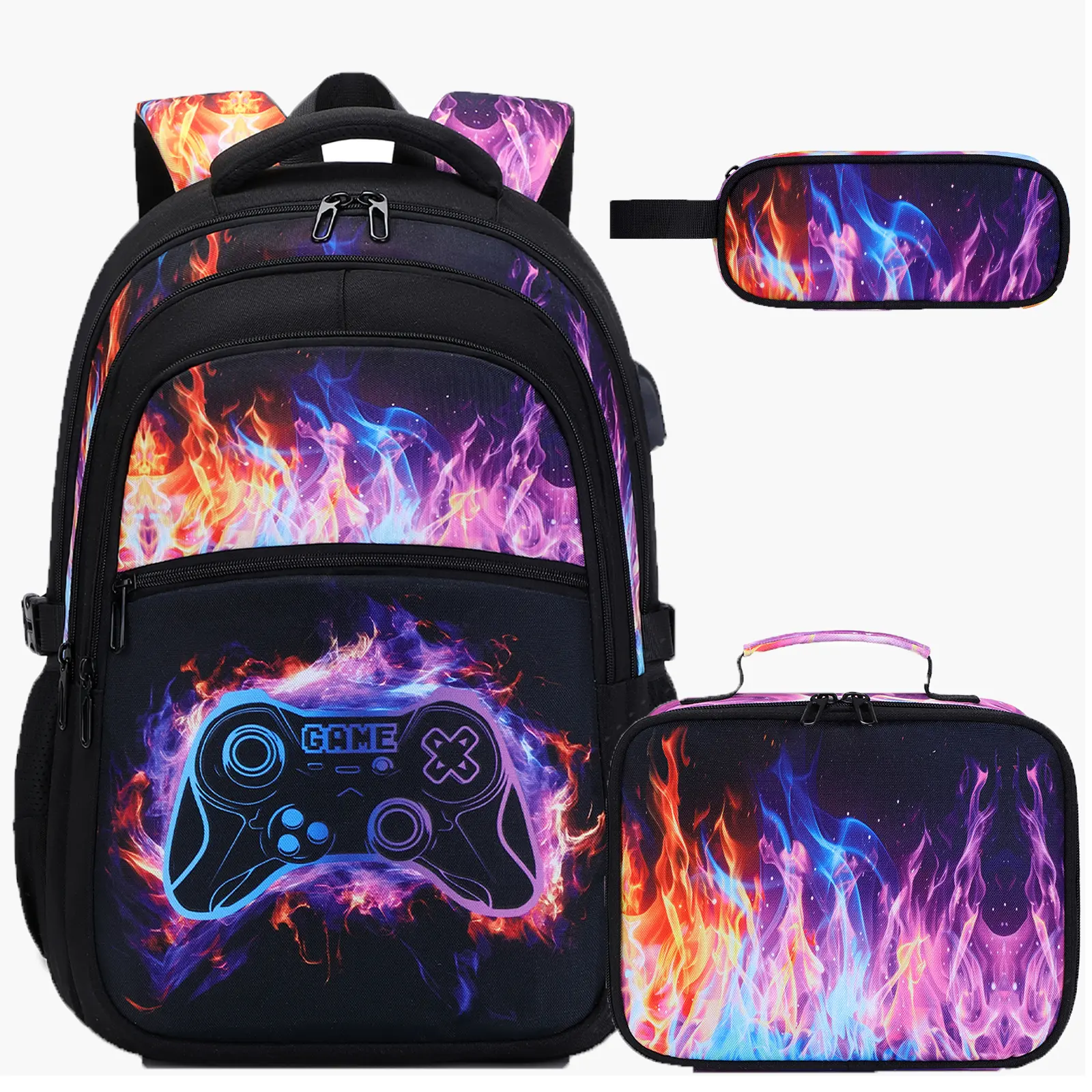 3PCS(Boys Backpack with Lunch Bag & Pencil Pouch)-Colorful Flame