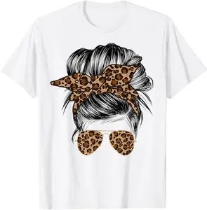 Messy Bun Mom Leopard Messy Hair Bun Moms Life Cool Cheetah T-Shirt