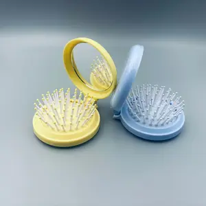 Mini Portable Folding Comb with Mirror Scalp Massage Tool Compact Design for Women Girls Yellow Blue Double Sided Travel Grooming Tool