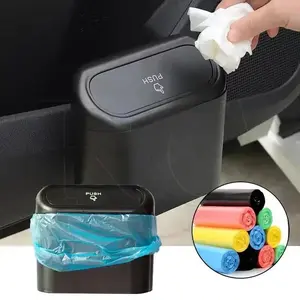 Car Clamshell Trash Bin Hanging Vehicle Garbage Dust Case Storage Box Black ABS Square Pressing Trash Can Universal Organizer Garbage storage bin and garbage bag set