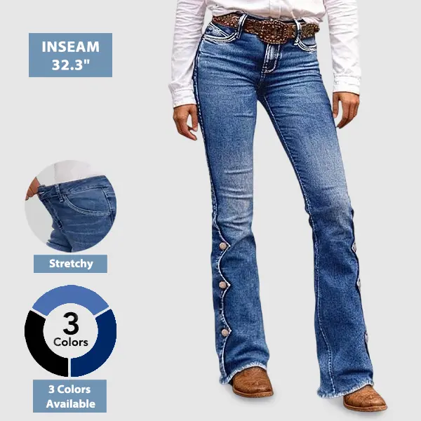 Flamingals Raw Hem Button Side Mid Waist Bootcut Jeans Women's Stretchy Retro Casual Denim Pants Style Womenswear Flamingals Raw Hem Button Side Mid Waist Bootcut Jeans Women's Stretchy Retro Casual Denim Pants Style Womenswear