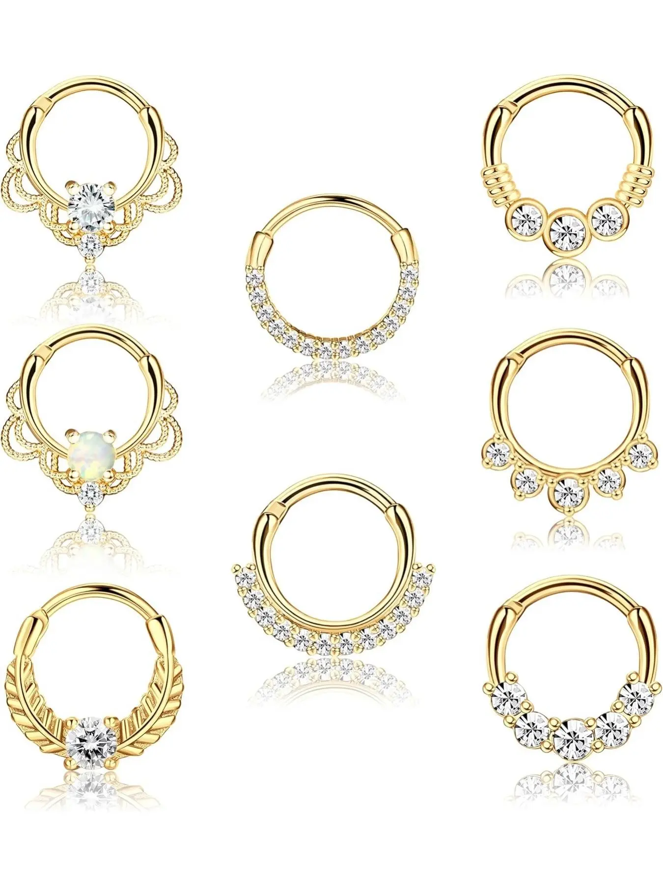 8pcs 16g Septum Clicker Ring, Stainless Steel Cz Opal Cartilage Helix Tragus Hoop, Daith Earrings, Nose Rings, Piercing Jewelry, Body Jewelry, Helix Pierced Ring, Nose Ring Hoops
