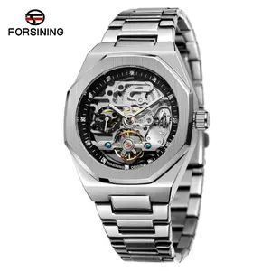 Men's Mechanical Watch Full Automatic Octagon Face Mineral Glass Water Resistant Skeleton Design Luminous Hands