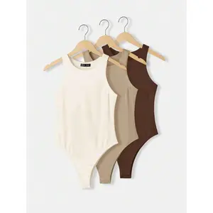 SHEIN BASICS 3pcs/Set Casual Round Neck Sleeveless Solid Color Slim Knit Bodysuit For Women