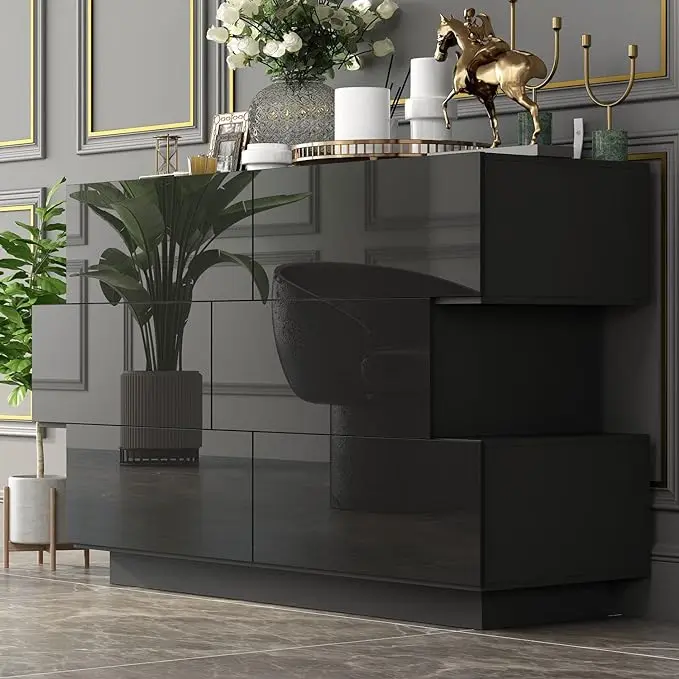High Gloss Chest of Drawers 6 Drawer Dresser, Modern Contemporary Dresser, Glossy Dresser for Bedroom White (46.1”W x 15.7”D x 30.7”H)