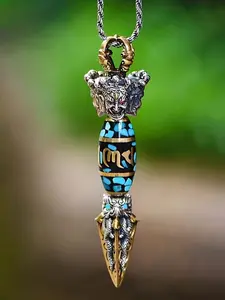 Ancient Six-Character Mantra Vajra Men's Feng Shui Protection Necklace, Ethnic Style Rotatable Bead Pendant Skull Craft Jewelry