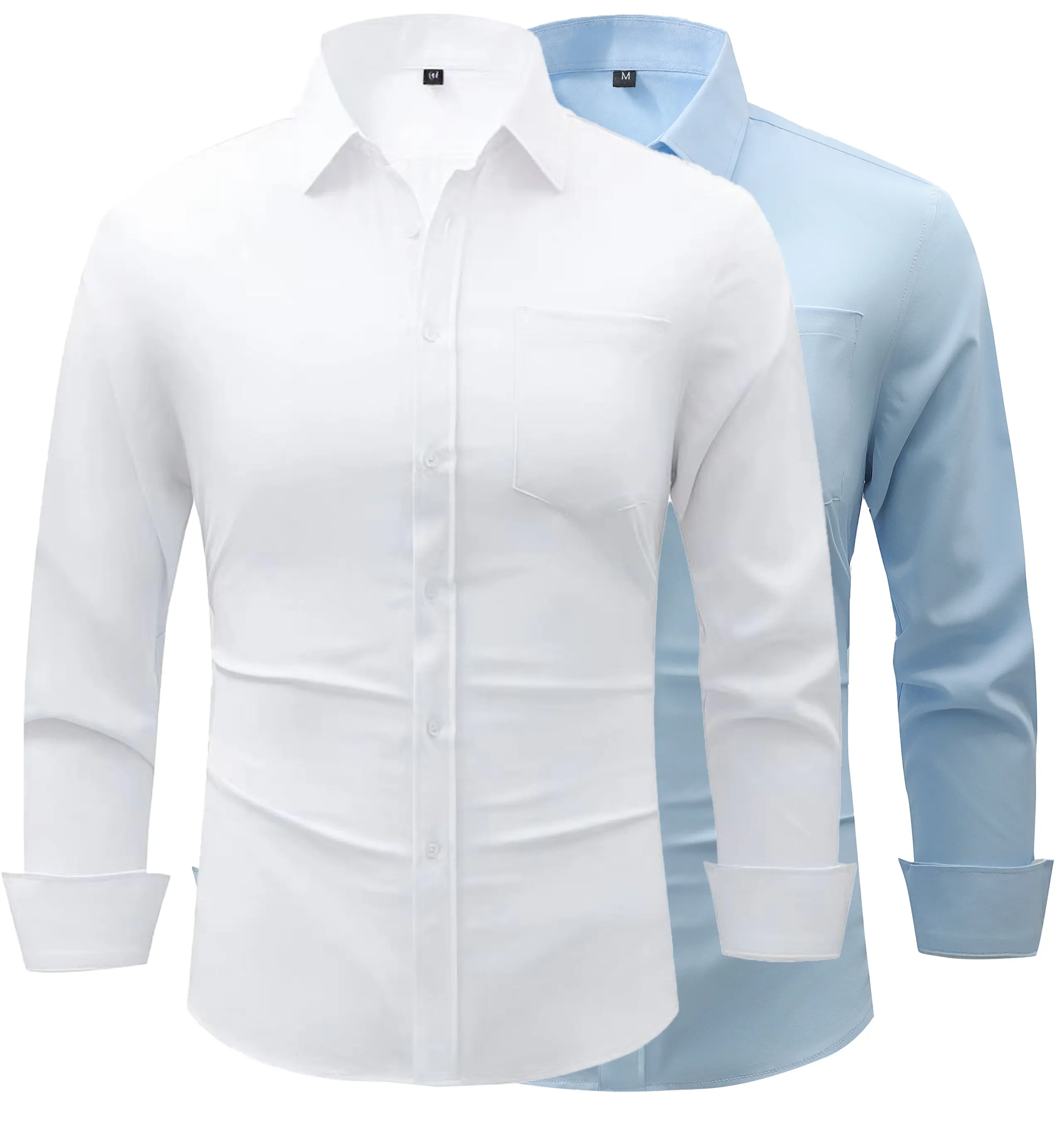 Men’s 2-Pack Long Sleeve Polyester Plain Business Dress Shirts - Wrinkle-Resist, Stretch, Chest Pocket, All Seasons Button-Up Shirts, Gift for Husband