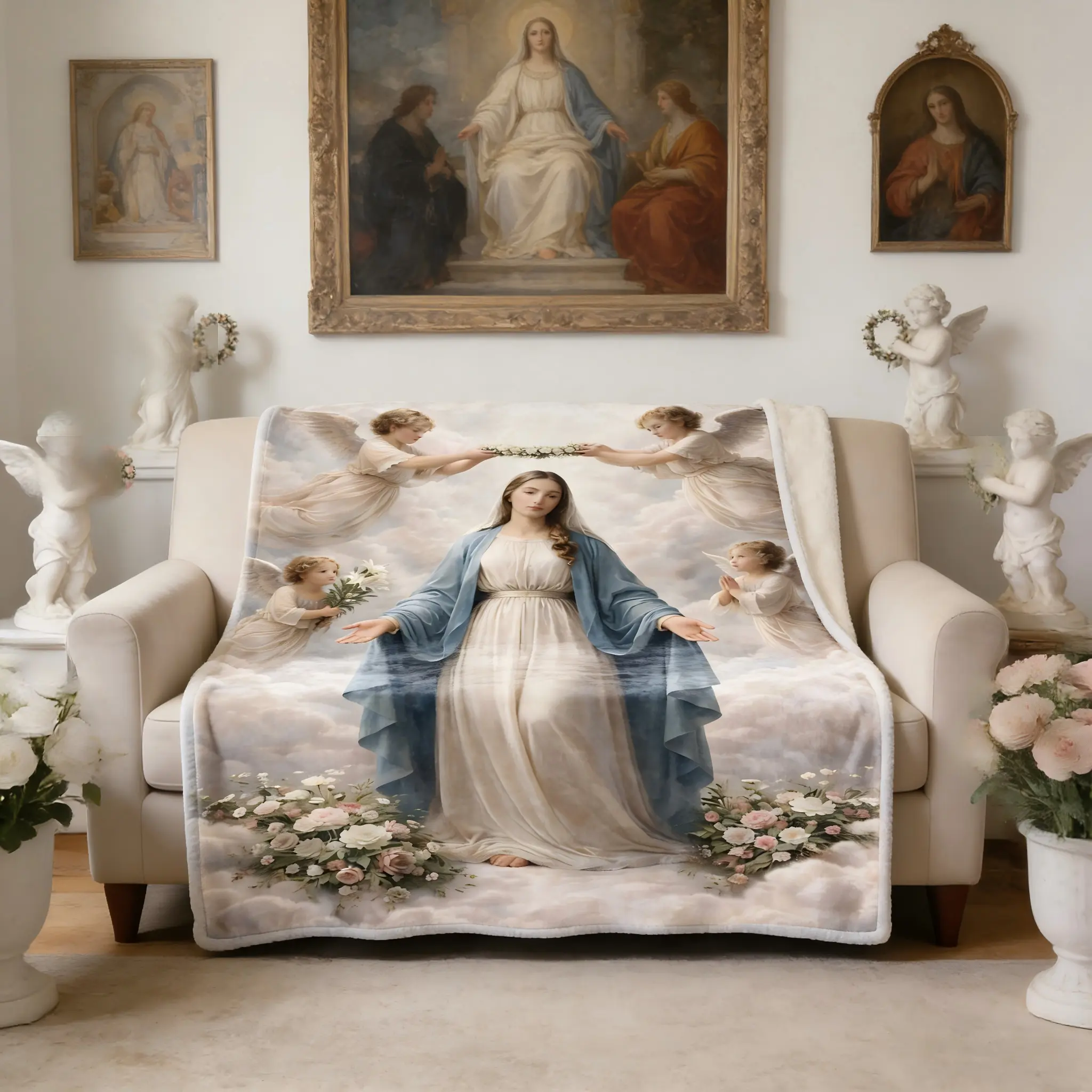 Heavenly Flannel Fluffy Fabric Blanket - Blessed Virgin Mary & Angel Art Print Decorative Design, Soft Warm Plush Throw, Multi-Size Catholic Devotional Gift for Bedroom, Prayer Space, Fluffy Fabric Blankets, Angel Blankets