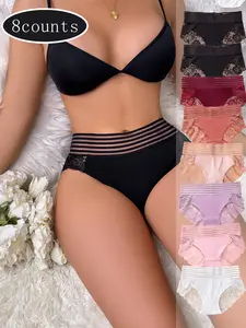 DORSU The 6/8/10piece women's high-waisted lace sexy briefs outline the glamorous waist and hip curves, and the slimming effect is remarkable. The pants are embellished with a large area of lace and adorned with delicate lace around the edges.