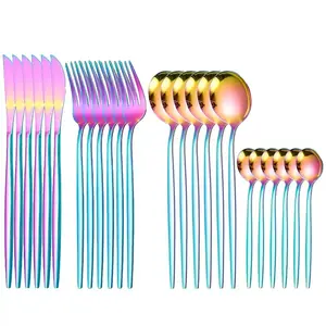 24/48pcs Rainbow Silvery Set, Stainless Steel Tableware Set for 4 People, Fork, Spoon, Knife, Kitchen Utensils Set, Home And Restaurant Utensils, Dishwasher Safety Cutlery