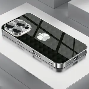 Black Diamond Metal Fruit Apple Pattern For iPhone 16 Pro Max Phone Case 16 Pro/16/15 Pro Max/15 Plus/15/14 Pro Max/14 Pro/14/13/12/11/X/XR/XS Max New, Shockproof, Glass Case, Electroplated Silver Edge, Full Coverage, Premium, Business, Protective Case, w