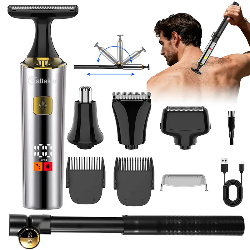 Hatteker 4-in-1 Adjustable Cordless Electric Men's Back Shaver & Body Trimmer Kit with Extendable Auxiliary Arm, Waterproof Groomer for Facial, Chin, Arm Hair, Cordless Hair Trimmer, Smooth