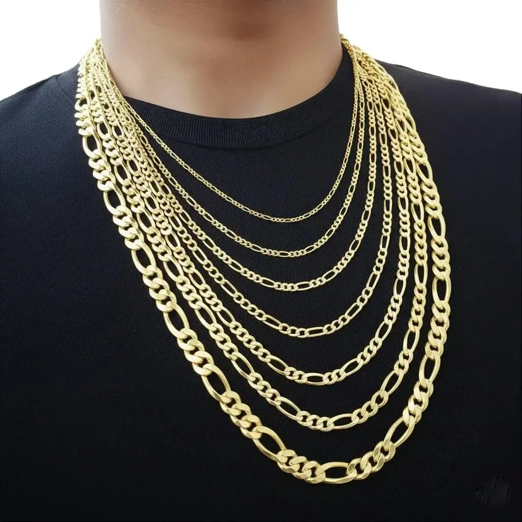 MaxBling81 Gold Plated Brass Figaro Link Necklaces - Men's Jewelry, Unisex 4mm-12mm Multi-Width Chain Style Long Necklaces for Daily Wear, Ideal for Necklace Stack
