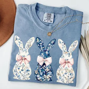 Coquette Bow Easter Bunny Comfort Colors, Floral Bunny T-shirt, Cute Easter Shirt for Women, Easter Crewneck, Easter Gifts, Rabbit T-shirts
