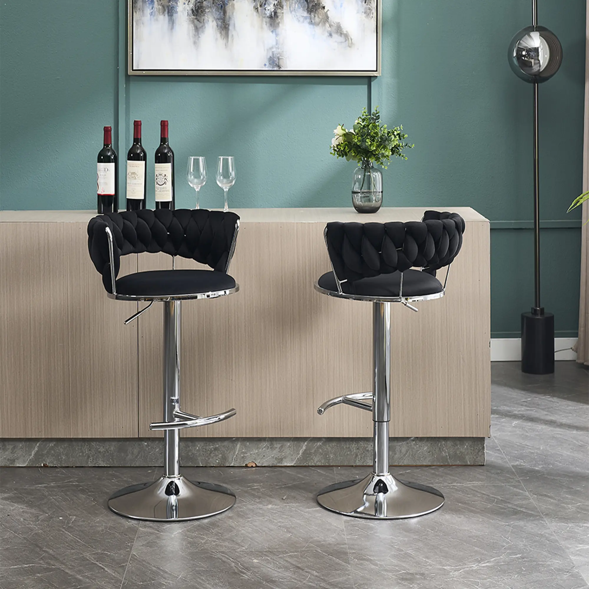 2-Piece Velvet Rolling Bar Stools, Modern Swivel Counter Stools with Woven Backrest, Adjustable for Kitchen Island, Dining Room (Black)