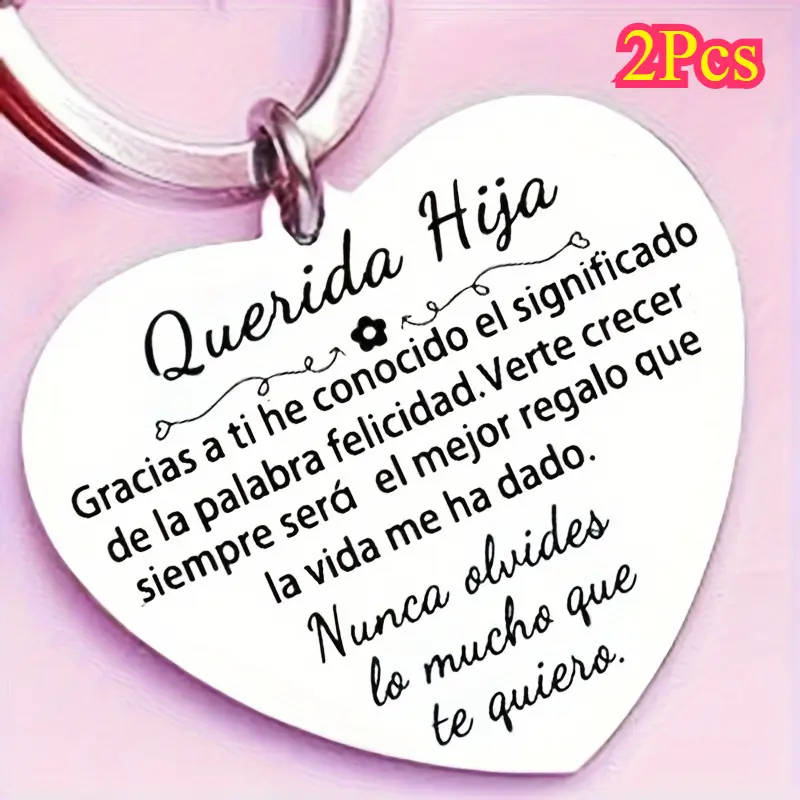 2-Piece Matching Keychains, Stainless Steel Heart-Shaped Dad-Daughter Gift Set with Personalized Spanish Quote Tag for Car Keys & Bags