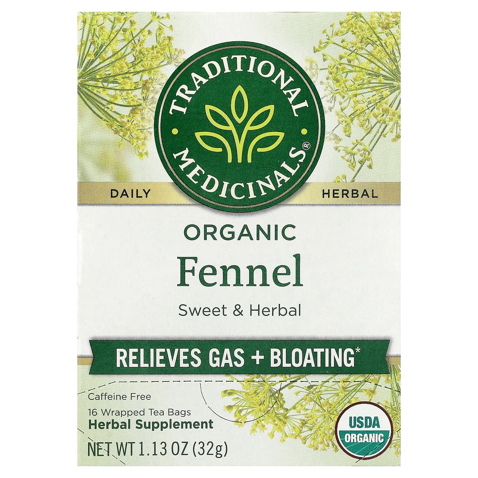 Traditional Medicinals Organic Fennel, Caffeine Free, 16 Wrapped Tea Bags, 1.13 oz (32 g)